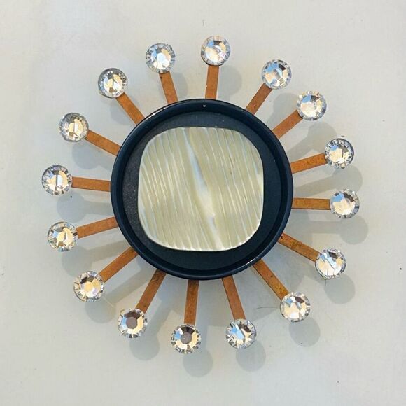 Upcycled Atomic Starburst Refrigerator Magnet Buttons Rhinestones Blue Teal Whit - Picture 3 of 5